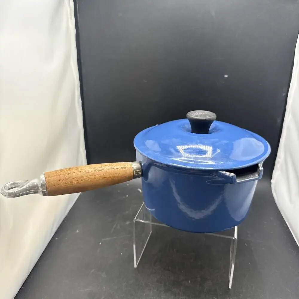 Vintage Le Creuset #16 Saucepan Blue Cast Iron Wood Handle Lid Made in France